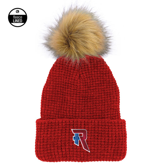 Hat - Waffle knit, fleece lined with cuff and pom