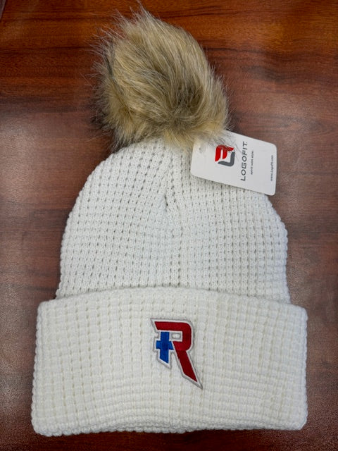 Hat - white knit with "R" furr puff